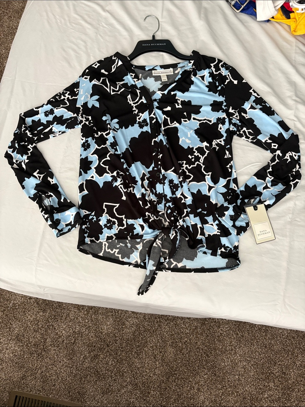 Dana Buchman Black & Light Blue Floral Tie-Front Blouse